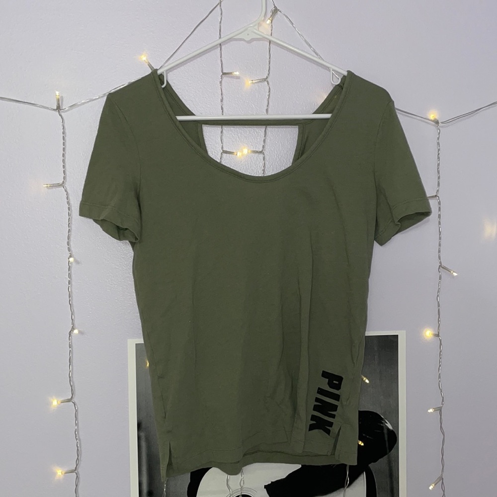 green PINK tee shirt with back cut out